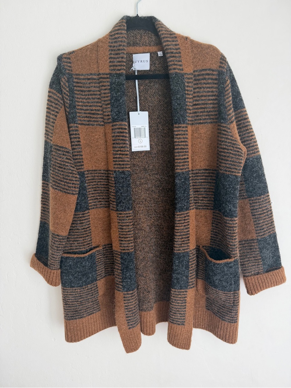 NWT Evolution by Cyrus Brown Black Buffalo Plaid Open Front Cardigan Sweater L
